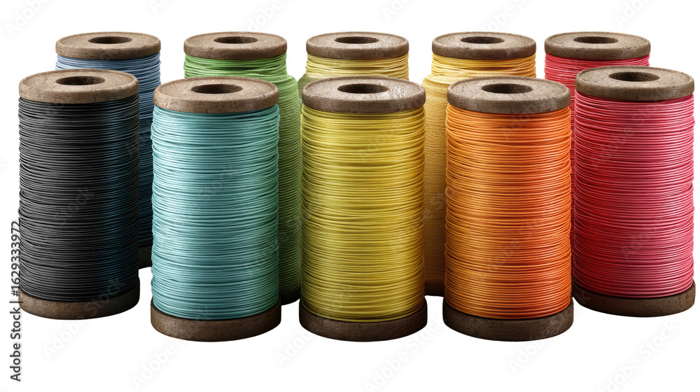 Threads of Vibrance: A vibrant ensemble of thread spools in a full frame view, each boasting a unique color. showcasing the diversity and endless possibilities of color and textile Threads of Vibrance: A vibrant ensemble of thread spools in a full frame view, each boasting a unique color. showcasing the diversity and endless possibilities of color and textile
