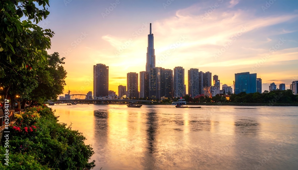 Fototapeta premium City skyline at sunset over a river (3)