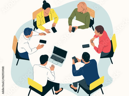 Diverse Group of People Sitting Around Round Table with Laptops and Phones vector illustration