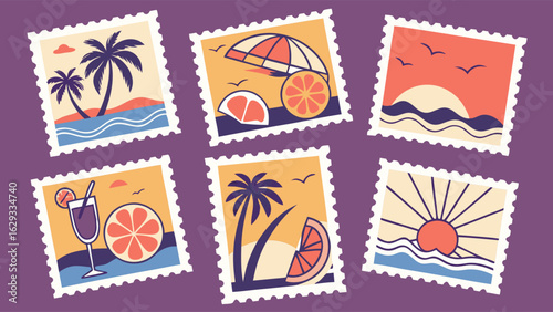 Six Retro Summer Postcard Designs Featuring Tropical Scenes.