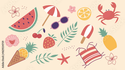 Summer Fun Colorful Beach and Fruit Illustration.