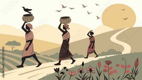Three Women Carrying Baskets on a Country Path.