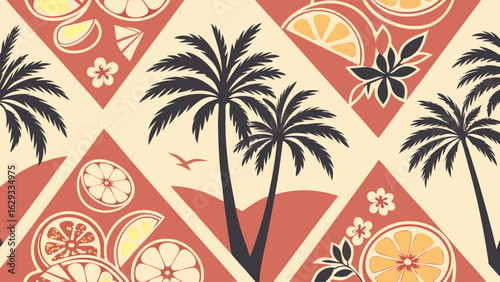 Tropical Citrus Pattern with Palm Trees.