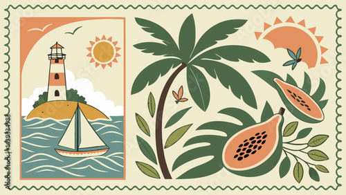 Tropical Island Scene with Lighthouse Palm Tree and Papaya.