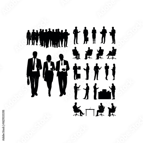 Collection of black business people silhouettes in various poses and settings group