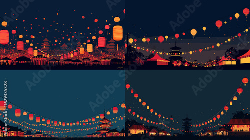 Stunning illustrations of night festivals with hanging lanterns glowing across Asian rooftops—perfect for cultural celebration, Chinese New Year, and night city themes.

