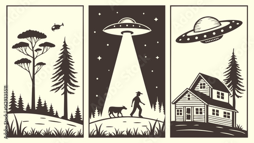 Vintage Forest Scenes with UFOs and a Farmhouse.