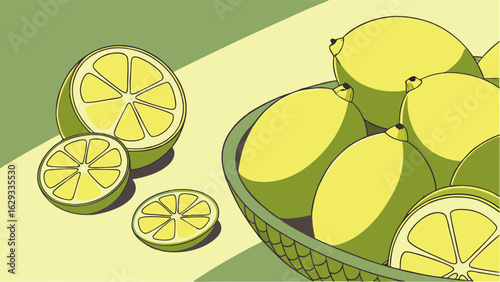 Vibrant Lemon Slices and Whole Lemons in a Basket.