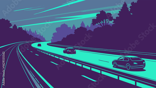 Winding Highway at Dusk Through Lush Forest.