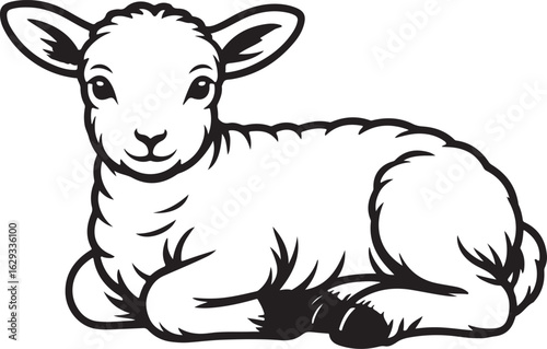 Adorable Lamb Vector Illustration: Farm Animal, Cute Baby Sheep in Outline Style
