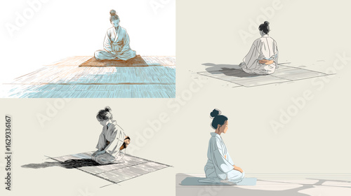Minimalist illustrations of a woman meditating in traditional clothing, sitting on a mat in calm, serene poses—ideal for mindfulness, yoga, or spiritual content.

