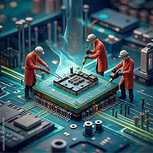Computer chip with tiny scientists working on it like a factory, surreal science and Augmented reality science lab with students wearing AR goggles doing experiments