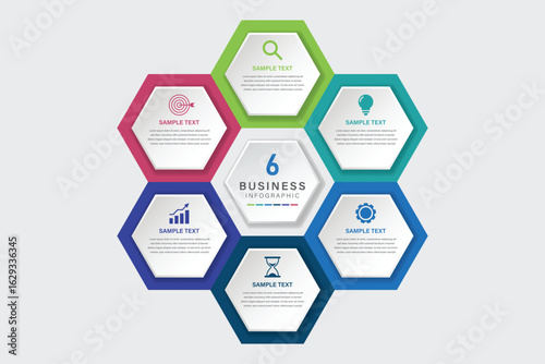 Vector infographic label design diagram with hexagons template design and 6 options or steps. Can be used for process diagram, presentations, workflow layout, banner, flow chart, info graph.