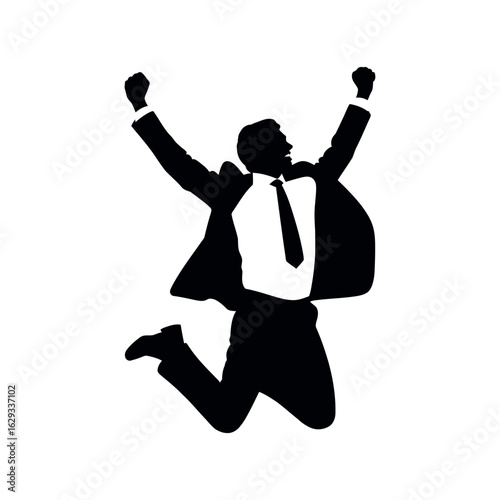 Silhouette of a man in a suit jumping with arms raised in celebration success