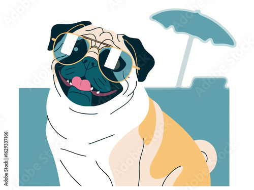 Happy Pug Wearing Sunglasses Relaxing Under an Umbrella on a Beach animal canine