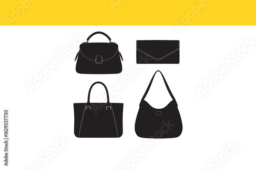 A collection of women's handbag silhouettes, featuring tote, clutch, satchel, and shoulder bag designs for fashion and accessory concepts.