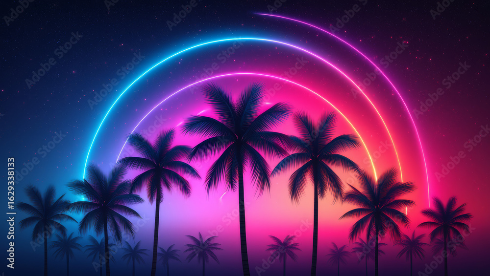 Fototapeta premium Tropical nightfall - palm silhouettes, lingering sunset, star flickers. Vintage-toned city lights pulse along the coast