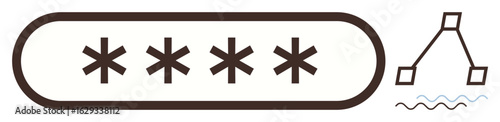 Four masked password asterisks in a rounded rectangle with connected nodes and flowing lines. Ideal for security, encryption, technology, data protection, authentication, coding, and networking