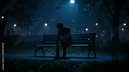 Lonely Man Sitting Alone on Park Bench at Night Under Street Light