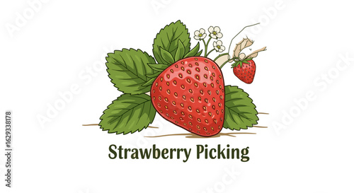 Strawberry Picking Logo Vector – Farm Stand Sign Illustration in Flat Design Style