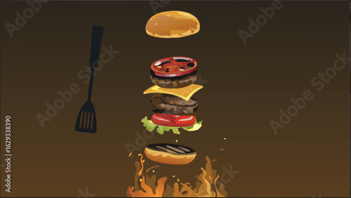Exploded view of a burger with patties cheese tomato and lettuce with a spatula and flames on the bottom