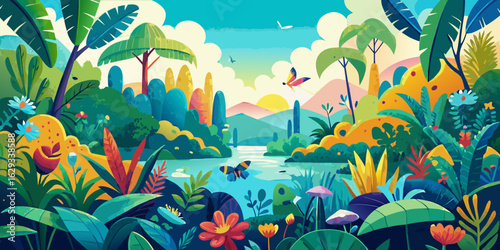 Tropical coral reef and fish in the ocean with an island beach, palm trees, and summer sun