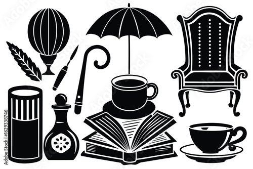 Collection of vintage objects including a hot air balloon quill pen inkwell chair umbrella and coffee cups