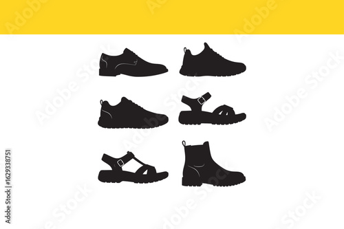 A diverse set of black footwear silhouettes, from athletic sneakers to casual sandals and sturdy boots, for various lifestyle activities.