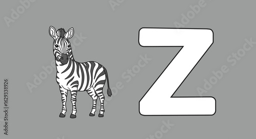 Letter Z Coloring Page Vector – Flat Design Solid Color Alphabet with Zebra Illustration for Kids