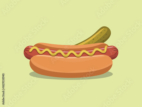 Hot dog with mustard and a pickle on a light green background sausage