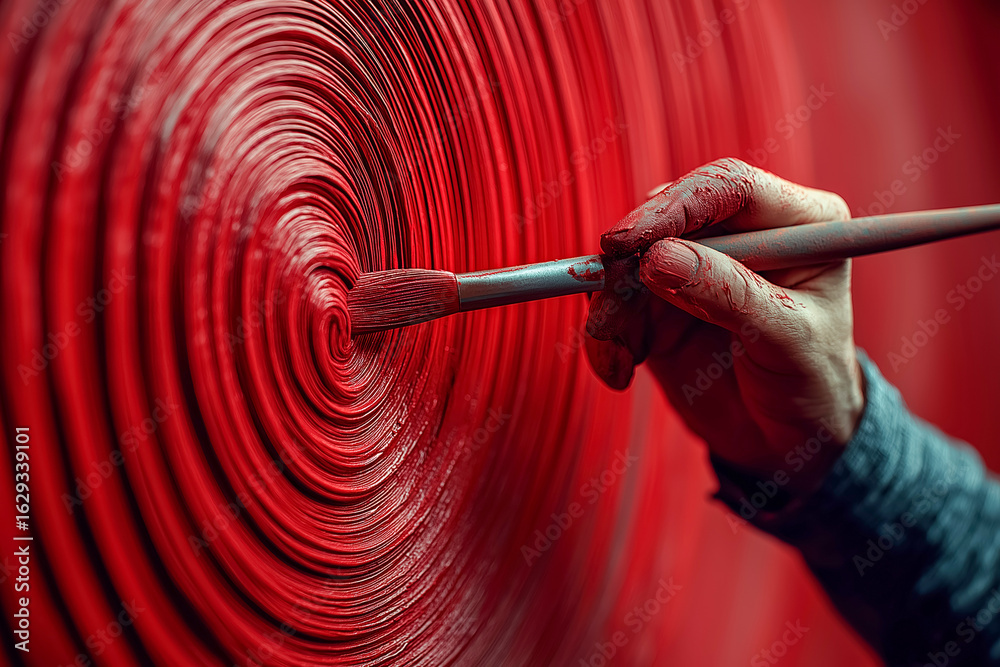 Fototapeta premium Close-up of hand painting red spiral pattern on canvas