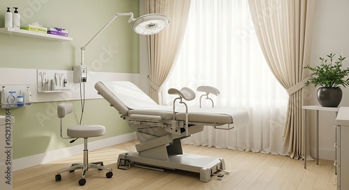 A modern and clean gynecology examination room with a professional chair, medical equipment, and bright lighting.