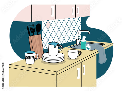 Kitchen counter with dirty dishes and coffee cups on white background sink faucet