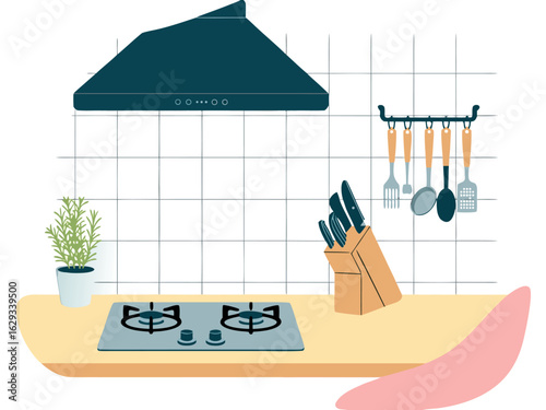 Kitchen Counter With Stove Hood Knives And Utensils vector illustration