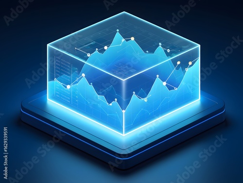 Futuristic data analysis cube with glowing graph for business intelligence insight