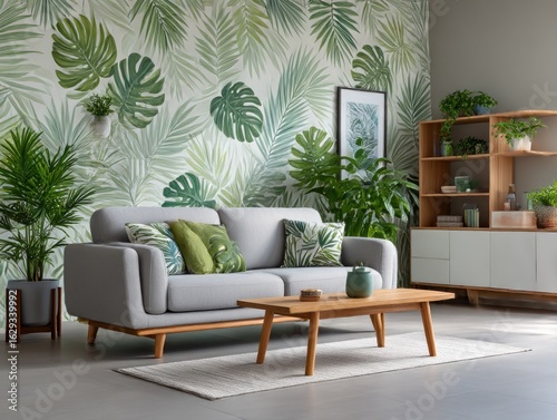 Modern living room with tropical wallpaper