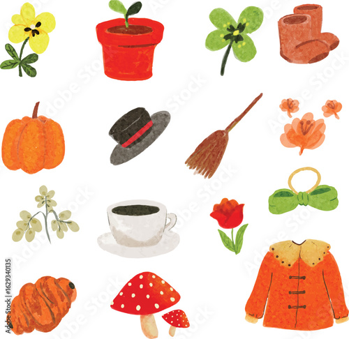 Cute Seasonal Objects Set Vector Illustration Autumn and Daily Items
