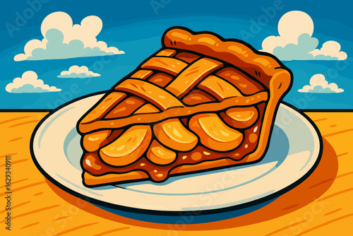 Slice of apple pie on a plate with blue sky and clouds background  
