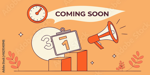 Coming Soon promotional banner with podium base, timer tag,   orange  background.