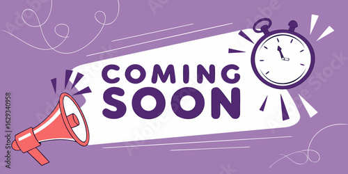Coming Soon promotional banner with podium base, timer tag purple background.