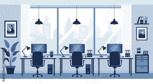 Modern office interior design with city skyline view and natural light illuminating desks and chairs