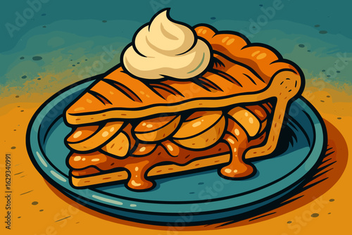 Delicious apple pie slice with whipped cream on blue plate  