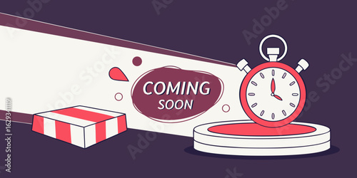 Coming Soon promotional banner with podium base, timer tag dark background.