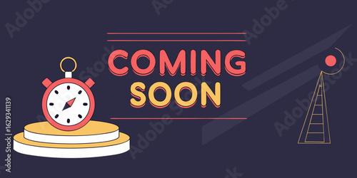 Coming Soon promotional banner with podium base, timer tag dark background.