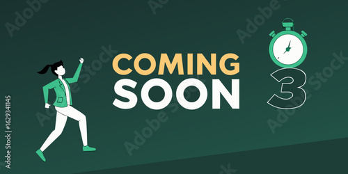 Coming Soon promotional banner with podium base, timer tag,green  background.