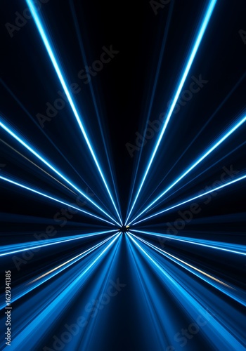 Abstract image featuring converging, bright blue neon lines emanating from a central point against a dark black background, creating a sense of speed and depth.