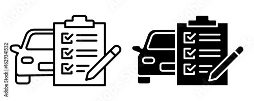 Car maintenance vector icon set. Vehicle maintenance report. Car service list symbol. Car insurance policy finance icons. Vehicle registration and coverage. Car loan document on white background.