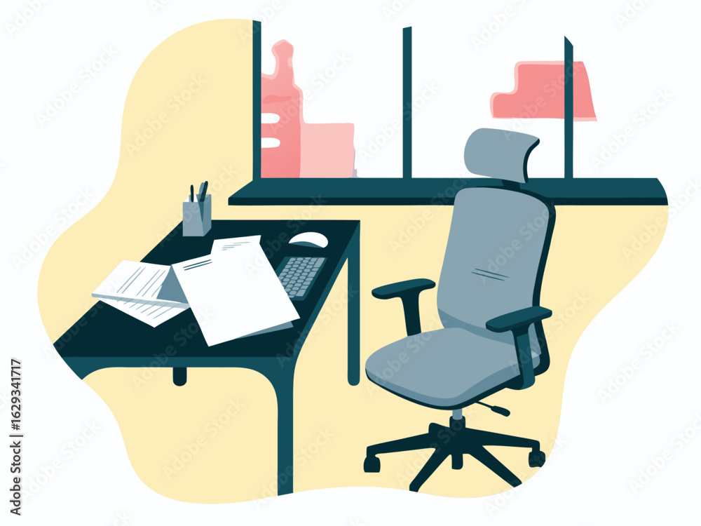 Fototapeta premium Minimalist Office Desk Scene with Chair and Window View workspace interior