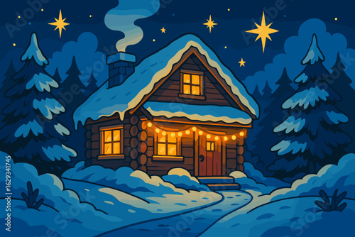 Cozy winter cabin with snow and stars in night sky  