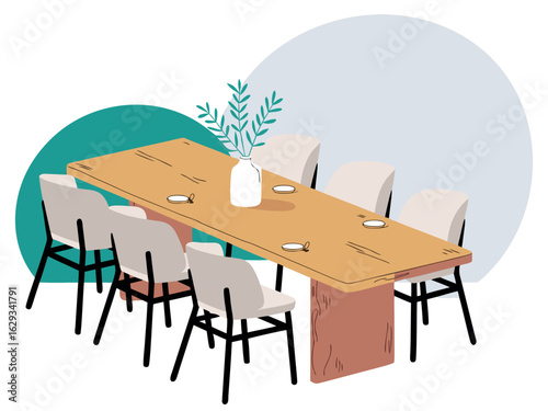 Modern Dining Room Table With Chairs And Plant Decoration dining table interior